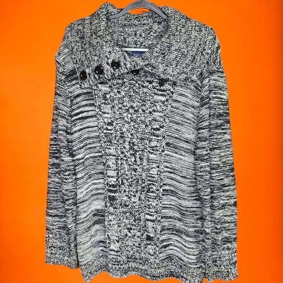 NEW Karen Scott XL Cable Knit Pullover Black Marble Sweater Button Drape Collar - Picture 1 of 10